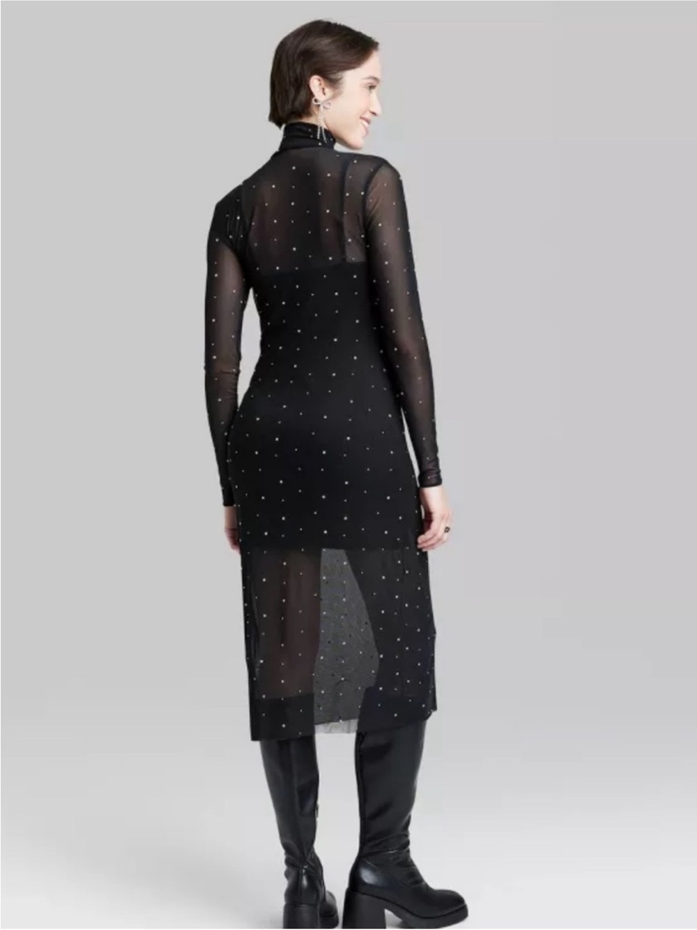 wild fable Black Sheer Long-Sleeve Midi Dress with Rhinestone Dots